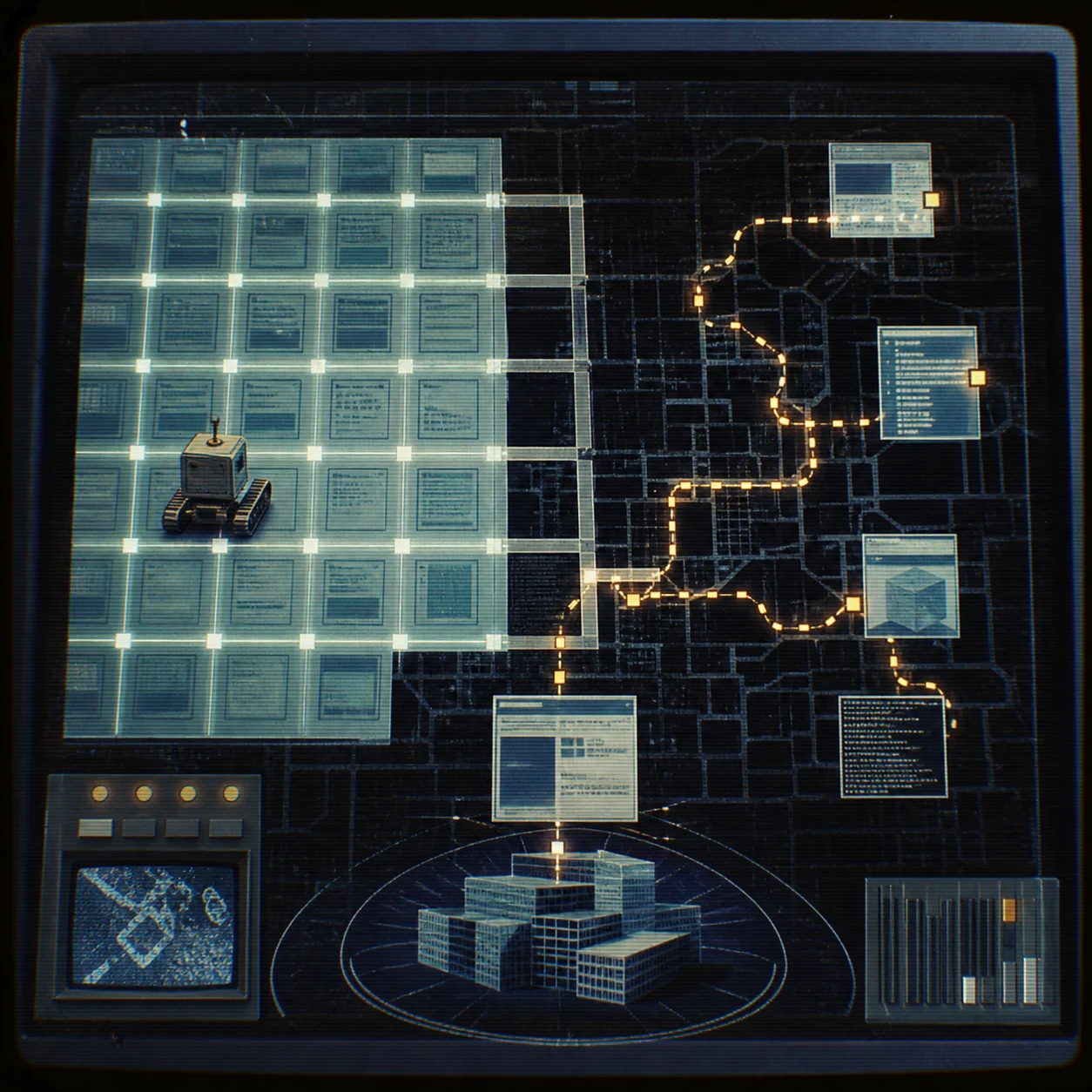 A crawler grid beside a multi-step agent route across public pages