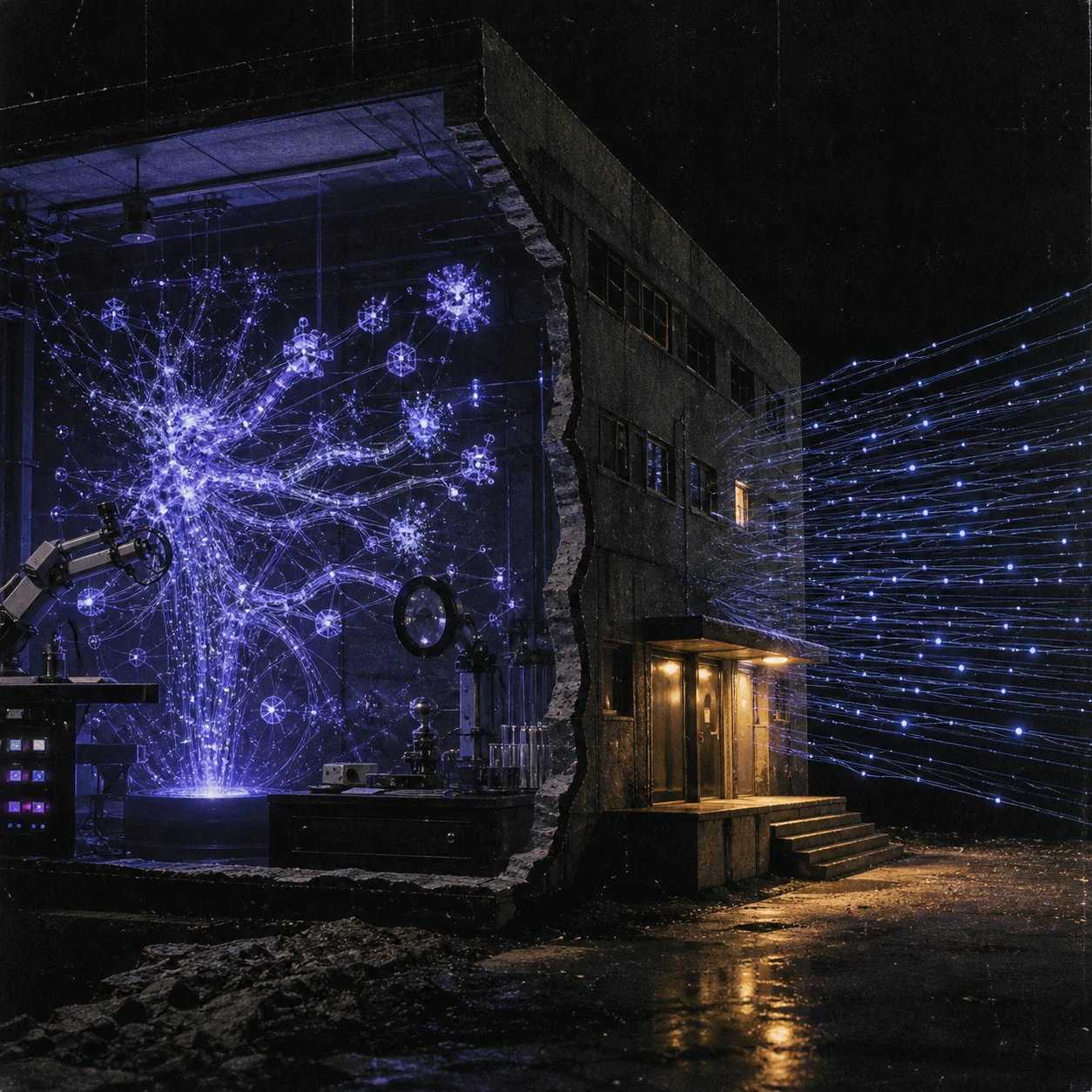 An instrumented model trace inside a building while anonymous requests arrive at its public boundary