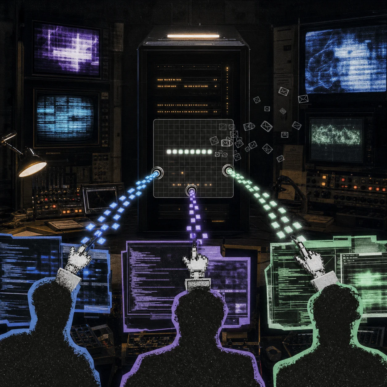 Three coding workstations sending public requests into one Next.js server